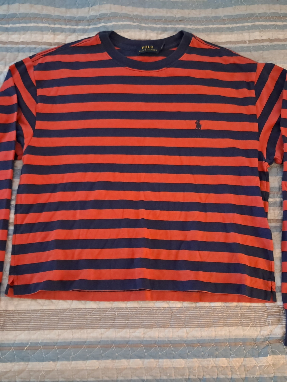 Polo Ralph Lauren Men's Small S Long Sleeve Striped Crewneck Shirt Red Navy Blue
